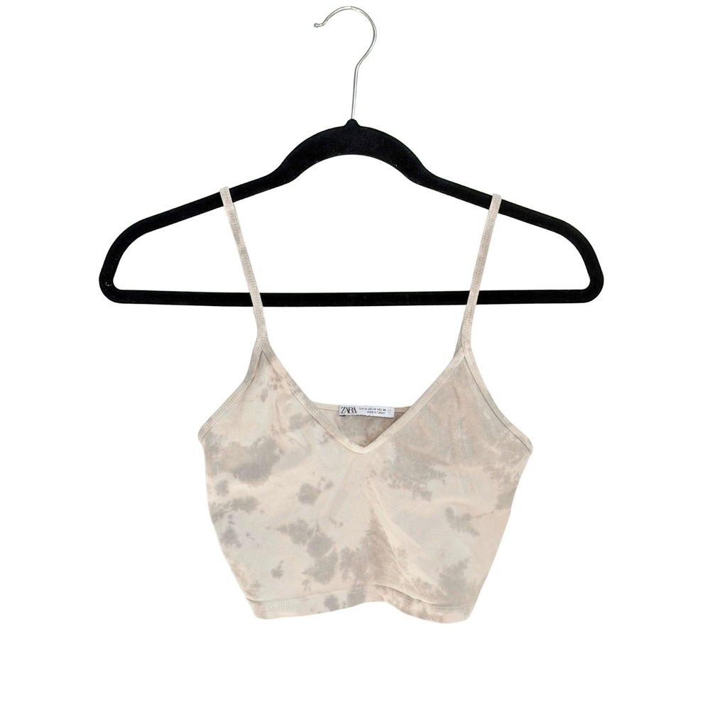 Zara Womens Tie Dye Cropped Cami Top Beige Grey V-Neck Size Medium